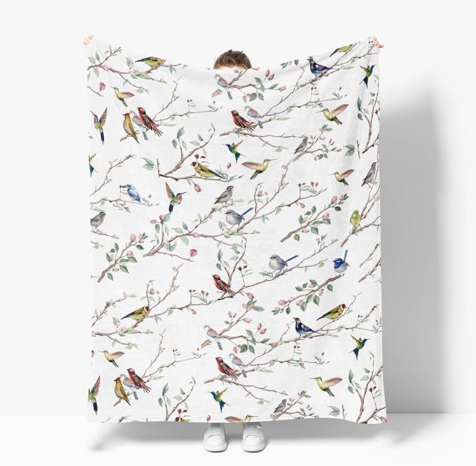 Horaldaily Spring Summer Flannel Blanket Throw, Birds Branch White Floral Soft Fuzzy Plush Cozy Fleece Blankets for Couch Sofa Bed Lounging, Ideal Gifts for Kids Adults Self, 60x80