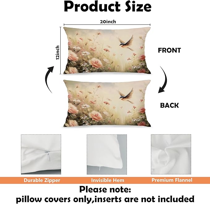 Vintage Spring Floral Bird Lumbar Pillow Cover 12x20 Double-Sided, Cottagecore Room Home Decor, Pastel Pink Rose Wildflower Decorative Throw Pillow Cover for Living Room Home Bedroom