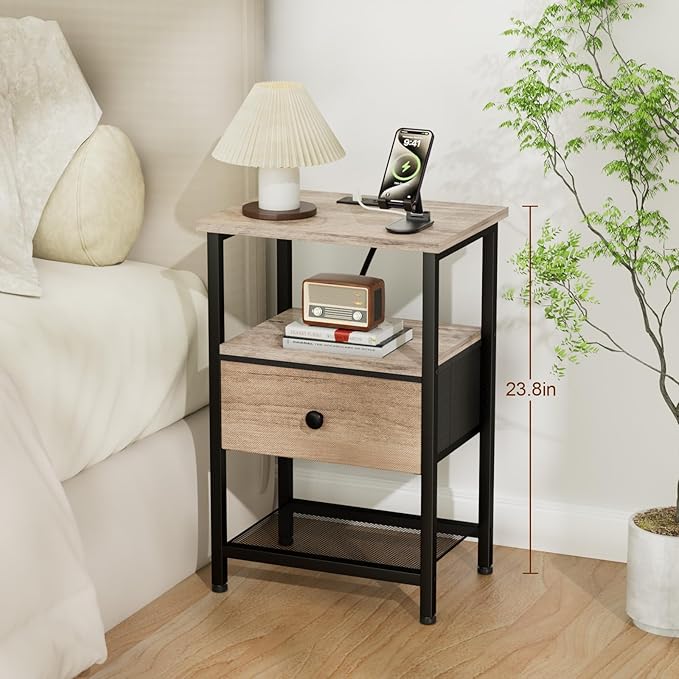 Night Stand with Charging Station, Small Bedside Table with Fabric Drawer, Nightstand with USB Ports & Outlets for Bedroom, Living Room, Grey, HETS010GY-1
