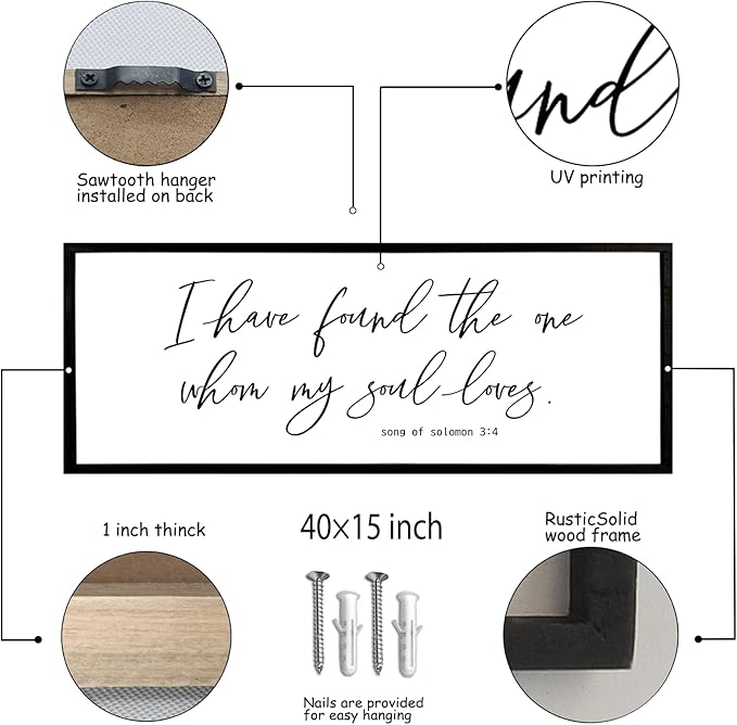 I Have Found The One Whom My Soul Loves Sign Wall Art Decor 40"x15" Modren Master Bedroom Above Bed Wood Framed Song of Solomon 3:4 Large Living Room Bible Verse Wall Hanging (Black)