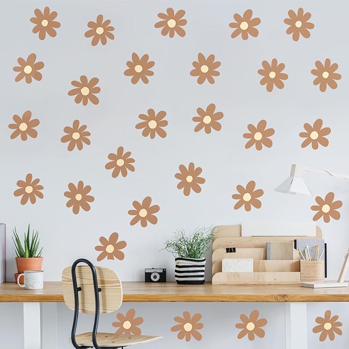 BBTO Daisy Wall Decal Flower Vinyl Wall Decals Daisy Stickers Floral Decals Peel and Stick for Nursery Art Bedroom Living Room(Simple Style,Brown)