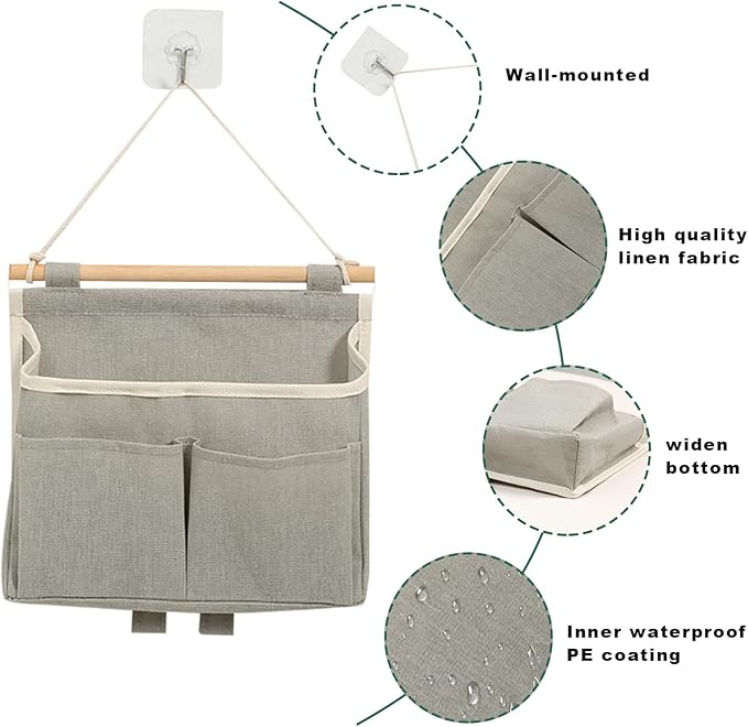 4 Pcs Wall Hanging Storage Caddy Bags, Wall Hanging Organizer Bag with Hooks, Linen Cotton Fabric Hanging Wall Door Organizer, Waterproof Hanging Pouch File Magazine Wall Mount Organizer for Bedroom