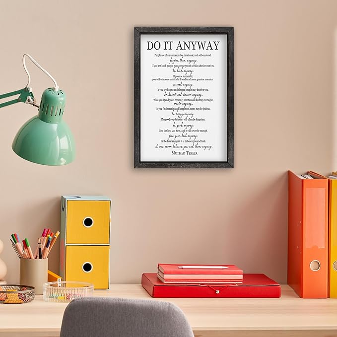 comurdyo Do It Anyway Wall Decor 16"x11" Mother Theresa Quotes Inspirational Sign Bible Verse Christian Motivational Modern Bedroom Vintage Wood Framed Farmhouse Wall Hanging Art (Black)