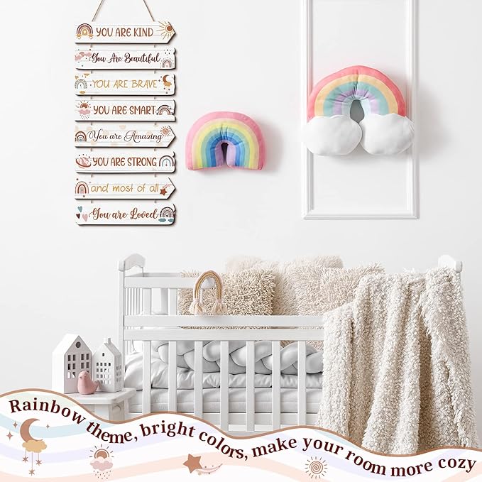 Inspirational Girl Room Decor Aesthetic Art Wall Hanging Sign Inspiring Colorful Rainbow Wooden Decoration for Kids Teens Toddler Boy Baby Bedroom Nursery Dorm Decor, 6-12 Years old (Boho)