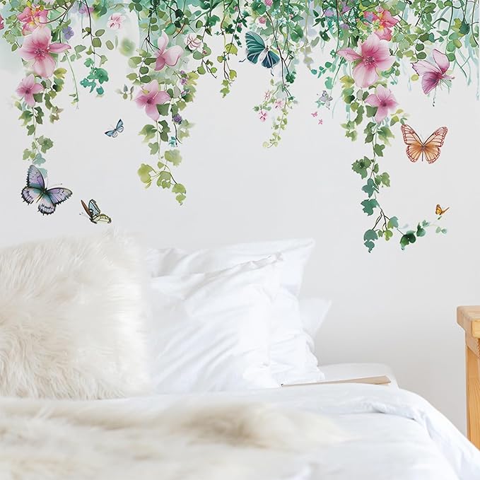 TUOKING Vines Flowers Wall Stickers Removable Butterfly Wall Murals Peel and Stick Wall Art Decal Home Decor for Kitchen,Bedroom,Living Room(fun-c20)