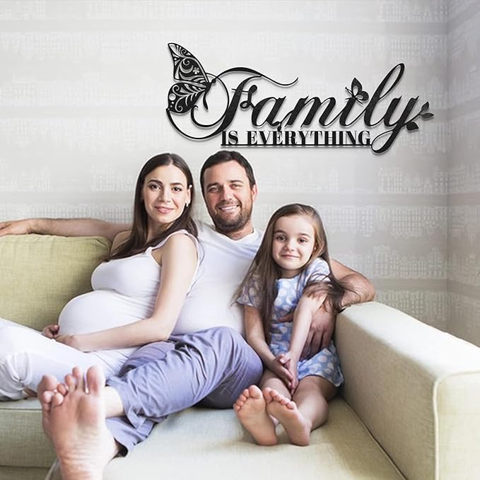 Family Signs Metal Wall Decor, Oppro Family Is Everything Word Sign with Butterfly for Home Decor, Black Art Plaque Letters for Living Room Dining Room Bedroom Housewarming Mother's Day Father's Day Christmas , 17”x6.3”