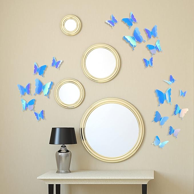 BBTO 48 Pieces Butterfly Wall Decor DIY 3D Mirror Butterfly Stickers Removable Decals Crafts for Birthday Party Bedroom School Bathroom Living Room Decor(Blue)
