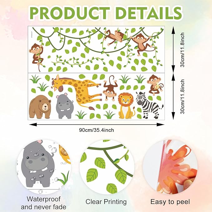 HLNIUC Jungle Themed Nursery Wall Decal 35”x24”Cartoon Safari Animals Wall Sticker Woodland Wildlife Monkey Giraffe Lion Window Cling Forest Tree Hanging Vine Room Stickers for Kids Room Bedroom Decor