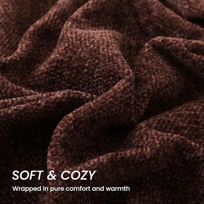 Rust Brown Chenille Throw Blanket for Couch Bed，Soft Cozy Throw Blanket with Handmade Fringe, Decorative Blanket for Sofa Chair Living Room for Gift, (Rust Brown)