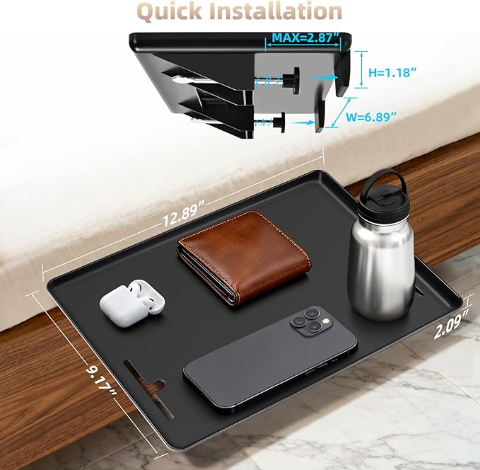 Bedside Shelf Dorm Bunk Bed, Bedside Caddy Shelf Dorm Bed, No Drill College Nightstand Organizer for Personal Items Books Glasses Apartment Bedroom Compact Space Solution Small+Black