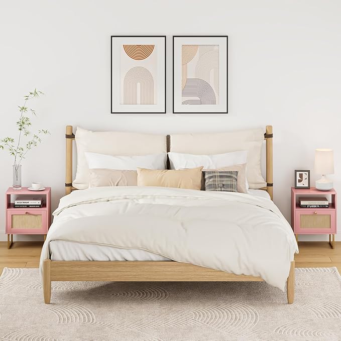 Rattan Nightstand, Boho Night Stand Farmhouse Wood Bedside Table with Storage and Open Shelf, End Side Accent Table for Bedroom,Living Room,Pink