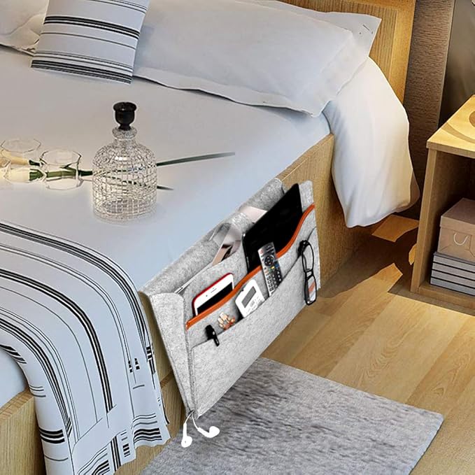 Bed Organiser, Felt Bed Bag, Non-Slip Bedside Bag, Sofa Bed Hanging Storage for Book, Magazines, iPad, Mobile Phone, Remote Control, Light Grey