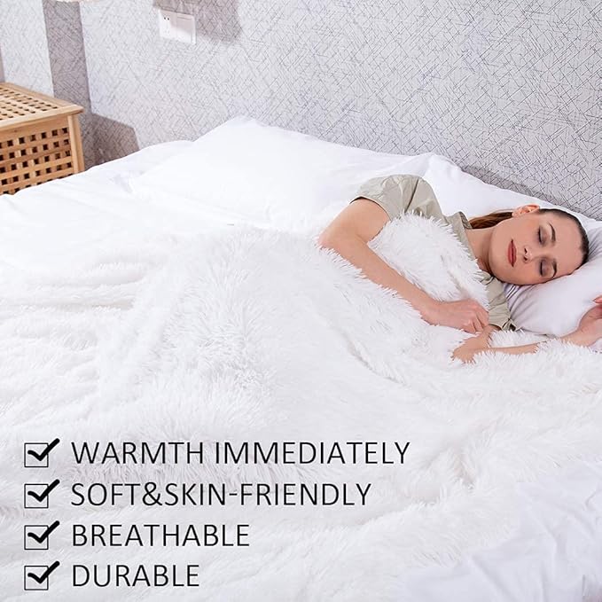 YUSOKI Long Faux Fur Twin Size Blanket,2 Layers,3.4lb for Bed Couch Home Décor Gifts Women (White,60" x 80")