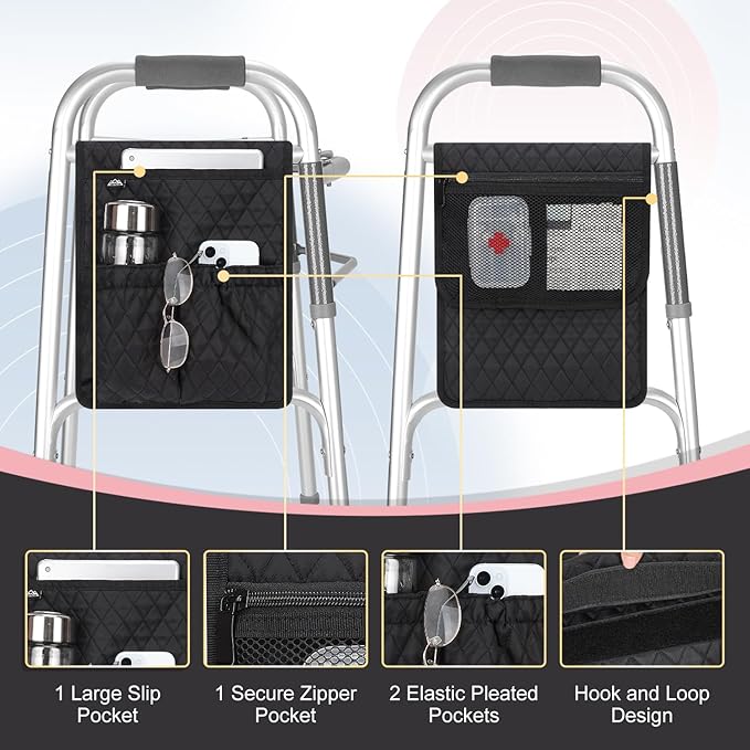 supregear Walker Bag, Universal Seniors Caddy Organizer with Multiple Pockets, Lightweight Accessories for Elderly, Rollators, Wheelchairs and Bedside Rails, Easy to Use Storage Pouch, Black