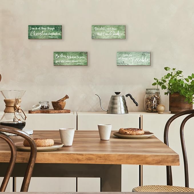 ZONWUTHY 4 Pieces Bible Verses Wall Decor Green Bathroom Decor Christian Signs Religious for Home Motivational Prayer Wall Art for Living Room Office Bedroom Bathroom(Green,10x4)