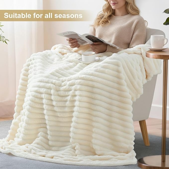 decorUhome Soft Fleece Cream White Twin Blanket for Bed, Cozy Fluffy Plush Flannel Striped Throws for Couch Sofa, Lightweight Decorative Ribbed Fuzzy Blanket for Woman, 60x80 Inches