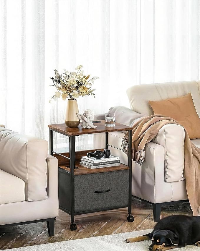 360° Swivel Nightstand with Height Adjustable, Lift Top Bedside Table with Charging Station, Rolling Night Stand with Fabric Drawer, End Table with Wheels, for Bedroom, Living Room, Walnut Gray