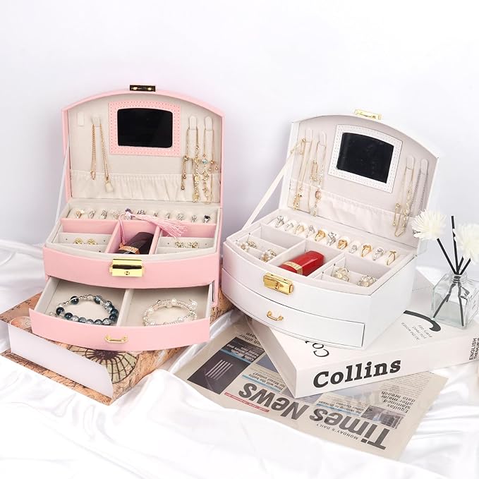 Jewelry Box Organizer, PU Leather Double Layer Jewelry Organizer with Drawer and Mirror, Lockable Jewelry Storage Organizer for Rings Earrings Necklaces, Portable Jewelry Box for Home and Travel