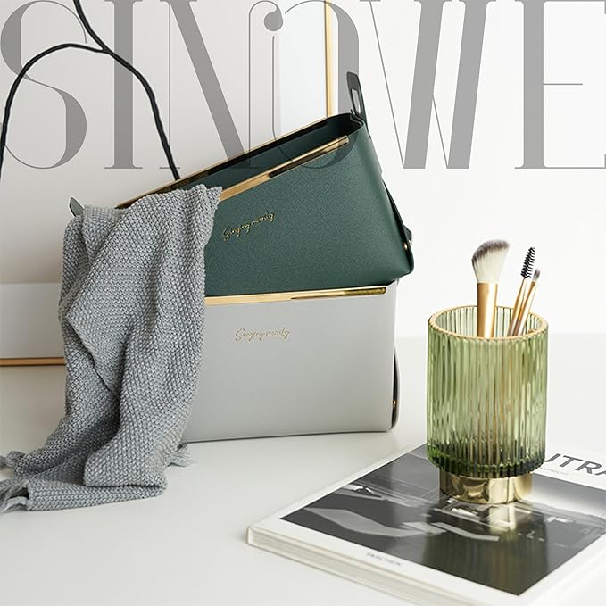 Small Basket for Organizing Makeup Snack Magzine,Folding Cube Organizer Bin with Handles,Faux Leather Decorative Tray (Dark Green)