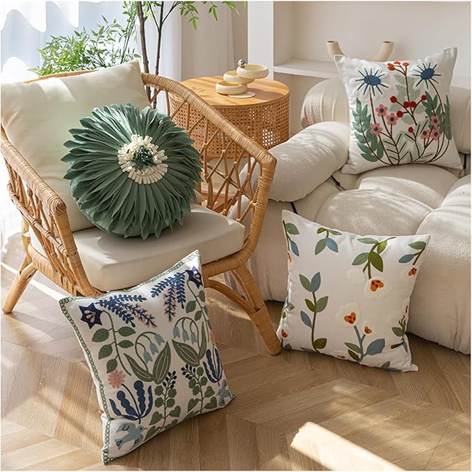 YIcabinet Pillow Covers Set of 2, Embroidered Branch Pattern Throw Pillow Cover,Square Cotton Cushion,Pillow Case for Sofa Bedroom Couch,18"x18"
