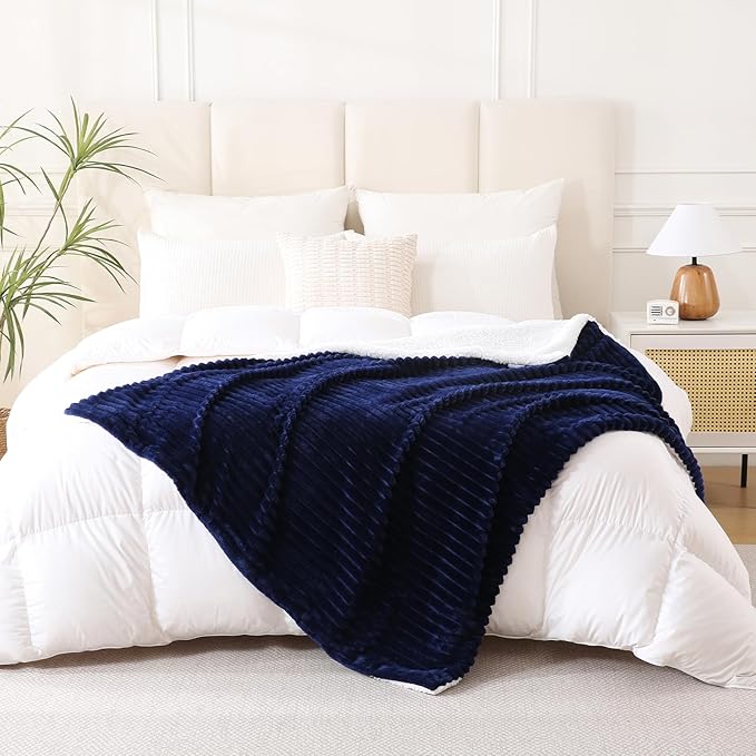Navy Blue Sherpa Fleece Throw Blanket 108”×90” for Couch Sofa Bed,Super Soft Cozy Plush Double Side Thick Flannel Blanket with Striped Design Lightweight for Adults,Woman,Girls