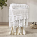 Boho Knitted Chenille Blanket with Tassels - Lightweight & Soft All-Season Throw - 3D Classic Pattern for Living Room Bedroom Couch, Cloud White, Queen 90"x90"