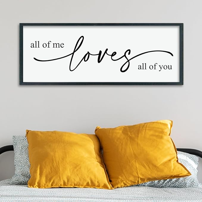 LuZhiQiang All Of Me Loves All Of You Wall Decor Art 40"×15" Master Bedroom Above Over Bed Sign Romantic Minimalist Love Quotes for Couples Large Framed Wooden Wall Hanging (Black)
