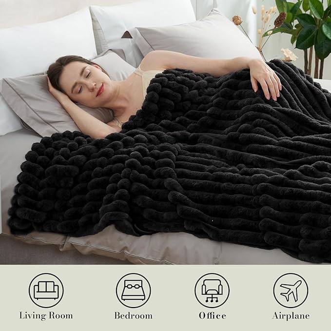 Amélie Home Faux Fur Throw Blanket for Couch, Cozy Fuzzy Fluffy Fur Luxurious Soft Striped Plush Gift Blankets for Family Sofa Chair Bedroom, 55"x70", Black