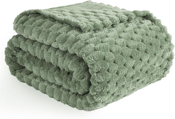 Vessia Flannel Fleece Twin Blanket, 3D Jacquard Sage Green Fuzzy and Warm Blanket for Couch, Sofa, Bed, 300GSM Super Soft Touch Cozy Home Decor for All Seasons (60x80 inches)