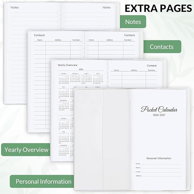 Pocket Calendar 2026-2027, Green Monthly Planner 2026-2027 - 3.7" x 6.7" - Runs from January 2026 Until December 2027, 2026 Pocket Calendar with PVC Cover for Organizing & Planning