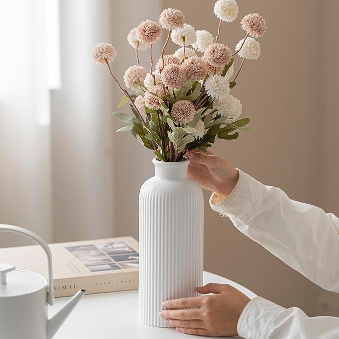 White Ribbed Ceramic Vase for Flowers, Modern Textured Decorative Vase, 10 Inch Tall, Farmhouse Style Home Decor (Matte Glaze White)