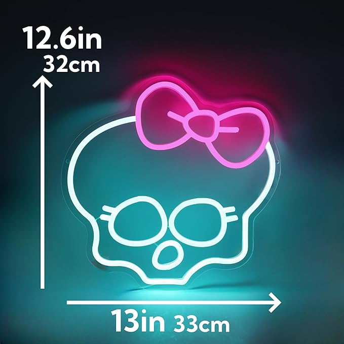 Skull Neon Sign for Room Decor Monster High Neon Light LED Skull with bow Sign Neon Sign for TV Series Fans Gifts Man Cave Wall Decor Dormitory Decoration USB Powered Dimmable 13"*12.6"