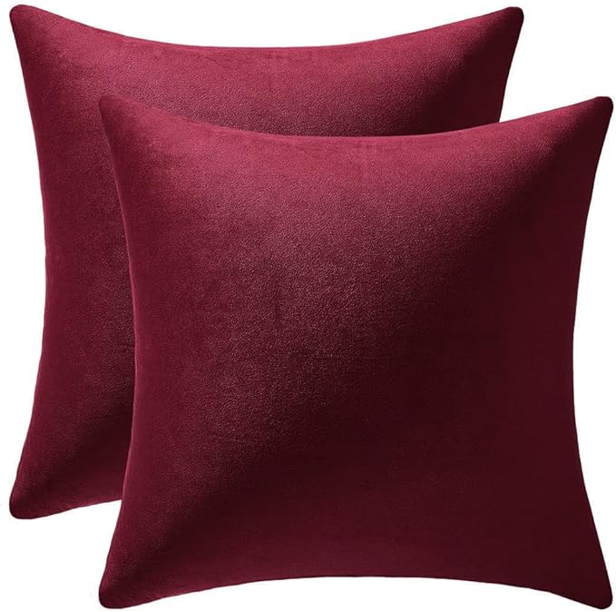 DEZENE Throw Pillow Covers 22x22 Burgundy: Pack of 2 Cozy Soft Velvet Square Modern Luxury Decorative Throw Pillow Cases for Christmas Sofa Couch Living Room Bed Home Decor