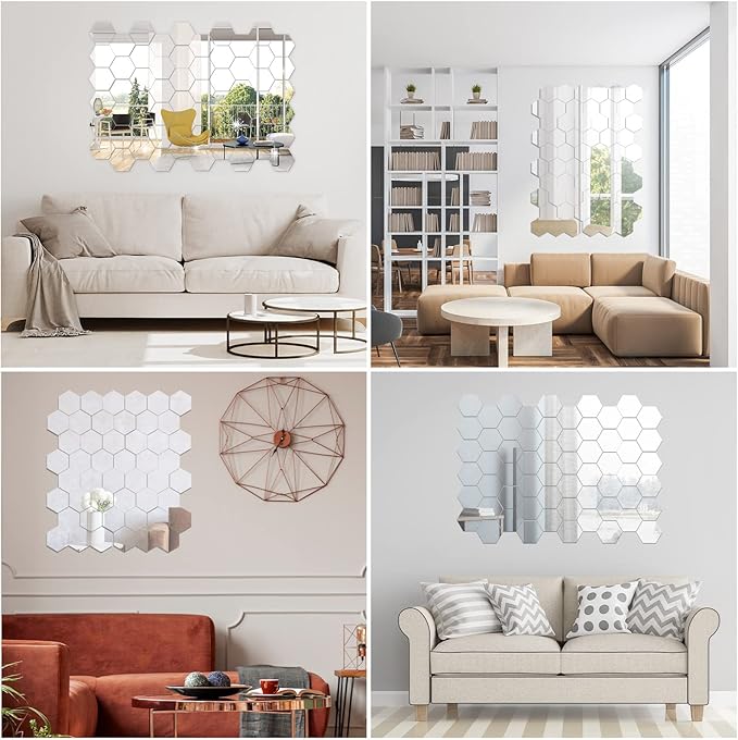 Maitys 72 Pcs Hexagon Mirror Wall Stickers Decal Removable Acrylic Mirror Sticky Decor for Bedroom Living Room Home Decor DIY, Silver(3.94 x 3.43 x 1.97 Inch)