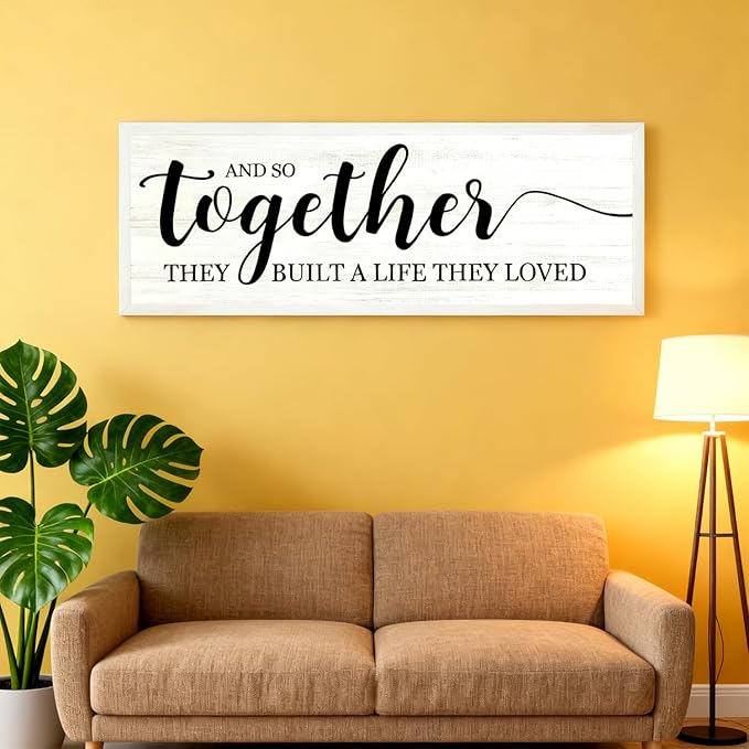 And So Together They Built A Life They Loved Decorative Rustic Sign & Plaque Framed Wall Art for Couples, 40''×15'' Vintage Horizontal Wooden Wall Decor Above Bed, Farmhouse Wedding Gift