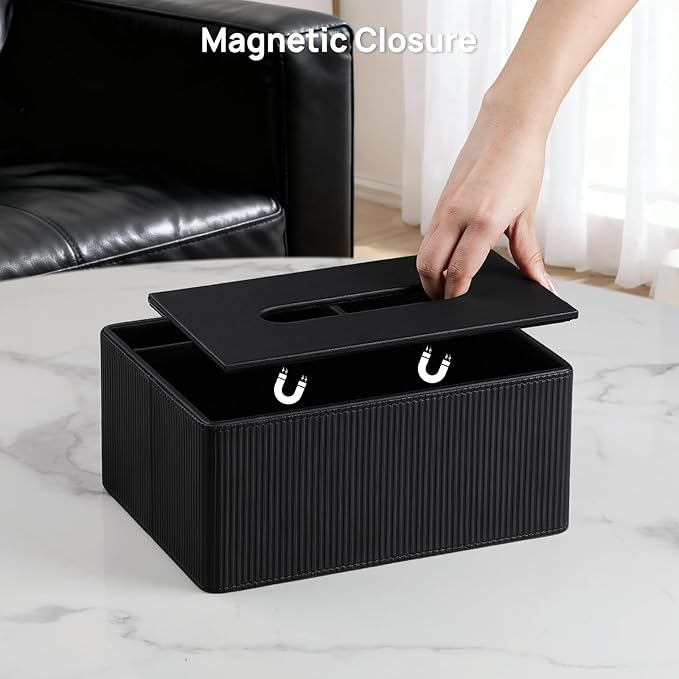 Tissue Box Cover Rectangle with 2 Compartments Remote Holder, PU Leather Tissue Box Holder Rectangle for Livingroom NightStand, Tissue Holder for 120(3-Ply)/160(2-Ply) Tissue Box (Black)