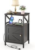 Farmhouse Side Table with Charging Station -3-Tier USB Ports & Outlets End Table, Compact Bedside Storage Table for Small Spaces, Multi-Functional Accent Table for Living Room, Couch Entryway Black