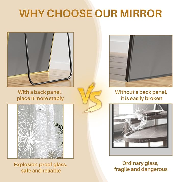 Full Length Mirror 59"x16" Full Body Mirror Arched Free Standing Wall Mounted Leaning Floor Mirrors with Stand Aluminum Alloy Frame for Bedroom Cloakroom, Matte Gold