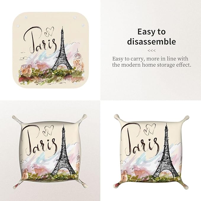 The Famous Paris Eiffel Tower Leather Vanity Tray Desktop Storage Organizer, Decorative Catchall Perfume Tray, Bathroom Valet Tray,Nightstand Caddy Holder for Keys Phone Wallet Coin Jewelry, S