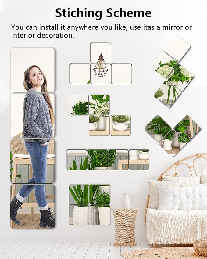 Unbreakable Mirror Tiles, 8PCS 8”x8” Peel And Stick on Mirror for Wall Mirrors Decorative, Toddlers for Kids Bedroom, Plastic Gym Frameless Door Small Adhesive Mirrors for Classroom Decor Stickers