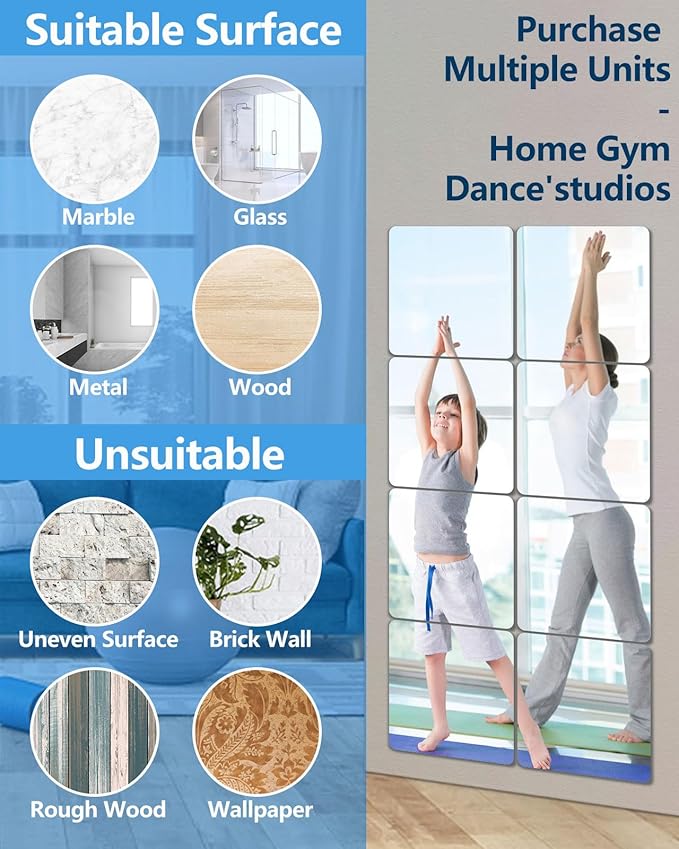 Unbreakable Mirror Tiles Self Adhesive,8 PCS 14”x12” Toddler Mirror For Classroom Decor, Peel And Stick On Small Mirrors For Wall Decor, Shatterproof Plastic Mirrors Stickers for Kids Decorative