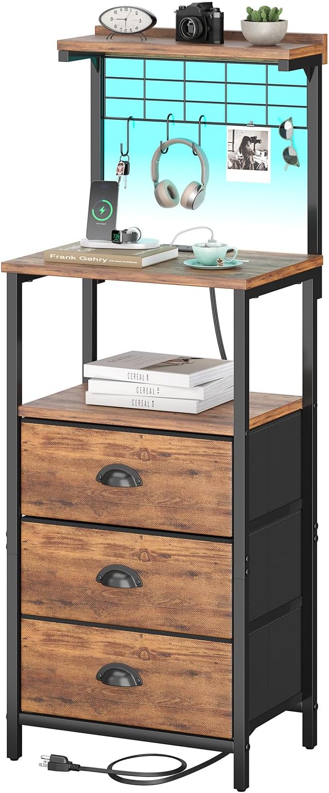 Tall Nightstands with Charging Station, LED Night Stand Bedsides with 3 Fabric Drawers,Hooks,USB Port and Open Storage Shelves,Tall End Table Bedside Tables for Bedroom,Office, Rustic Brown