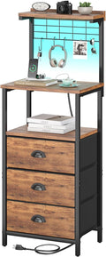 Tall Nightstands with Charging Station, LED Night Stand Bedsides with 3 Fabric Drawers,Hooks,USB Port and Open Storage Shelves,Tall End Table Bedside Tables for Bedroom,Office, Rustic Brown