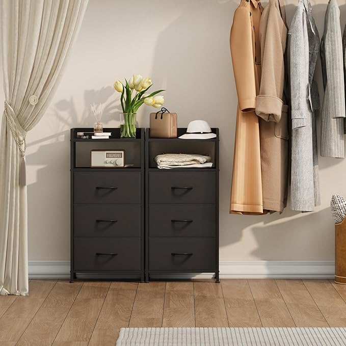 Somdot Nightstand with 3 Drawers, Dresser with Fabric Bins for Bedroom, Hallway, Entryway, Night Stand Bedside Table Furniture, Sturdy Steel Frame, Wooden Top, Easy Pull Fabric Bins, Black