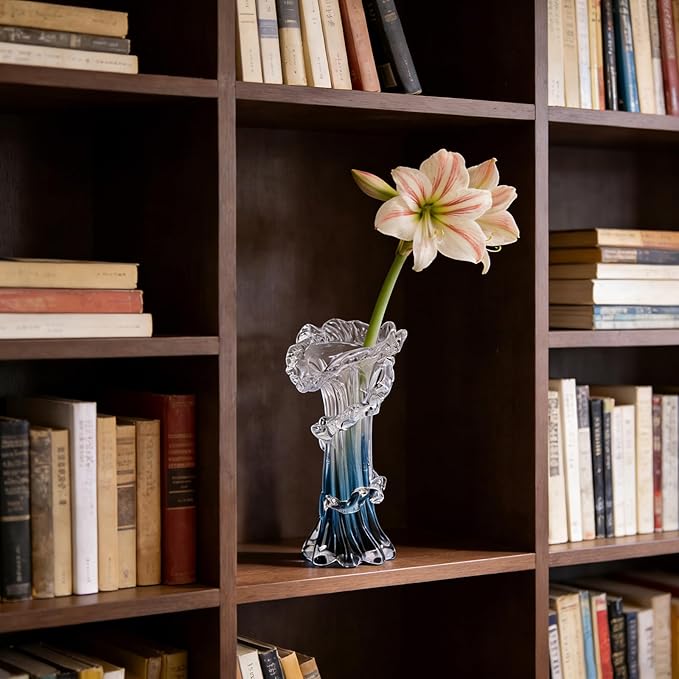 Hand Blown Blue Glass Vase, Unique Art Beautiful Ocean Glass Vase for Home Centerpiece, Coffee Table, Living Room, Office Decor - 9.8" H (Medium)