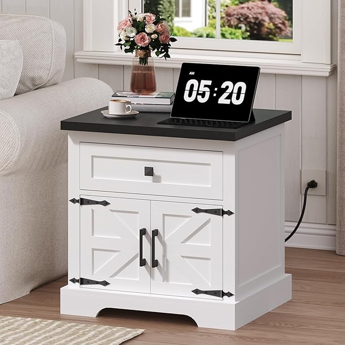 Farmhouse End Table with Charging Station, 23.6" Large End Tables Living Room, Sofa Side Table with Barn Door, Wooden Rectangular Nightstand Bedside Table with Drawer, Black ETBB157E01