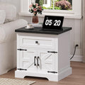 Farmhouse End Table with Charging Station, 23.6" Large End Tables Living Room, Sofa Side Table with Barn Door, Wooden Rectangular Nightstand Bedside Table with Drawer, Black ETBB157E01