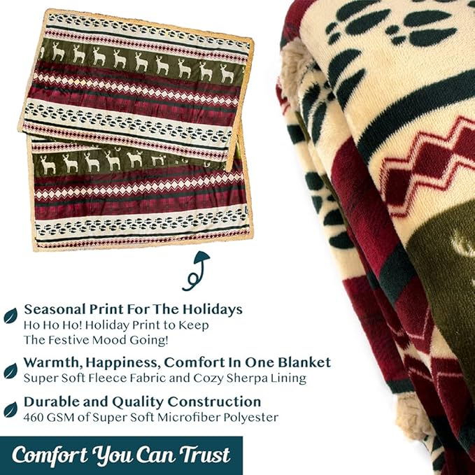 PAVILIA Premium Christmas Sherpa Throw Blanket, Green Red Cabin Design with Reindeer Print, Ultra Soft Reversible Fleece & Sherpa 90x90 Queen Winter Blanket, Cozy Christmas & Holiday Decor