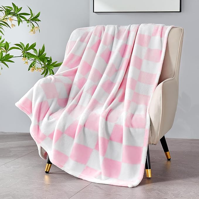 Pink Checkered Blanket, Soft Cozy Fleece Checkered Throw Blankets for Bed Sofa Couch Camping, Ultra Fluffy Throws for All Seasons, 60x80 Inch, Pink
