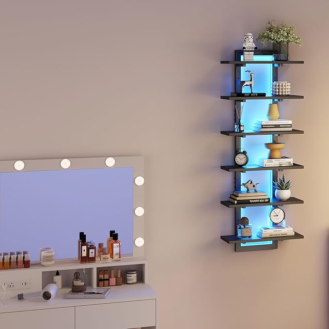 6 Tier Wall Shelf Unit with LED Light, Black Floating Shelf, Vertical Display Shelf, Wall Decor for Bedroom Living Room, Vanity, 15" W x 5.9" D x 43.3" H